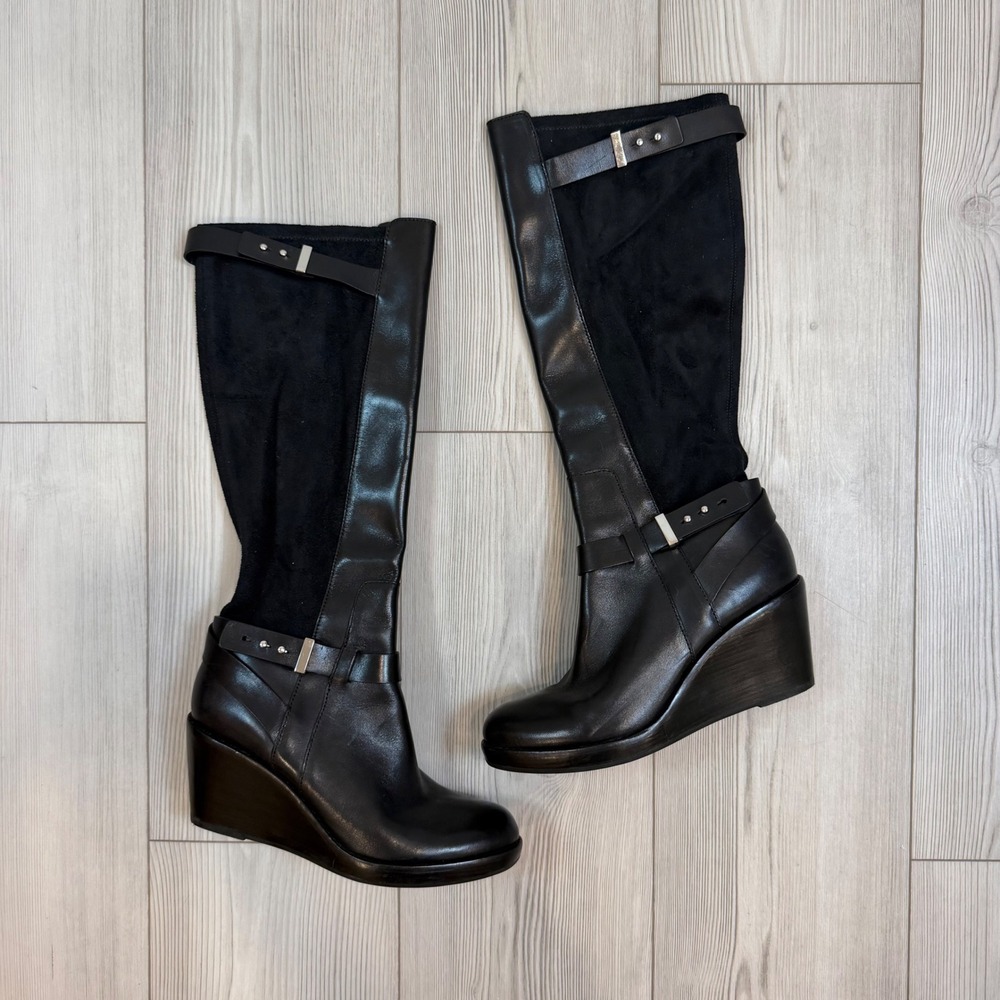 Cole Haan Air Black Leather Suede Tall Wedge Boots D40513 Size 8B